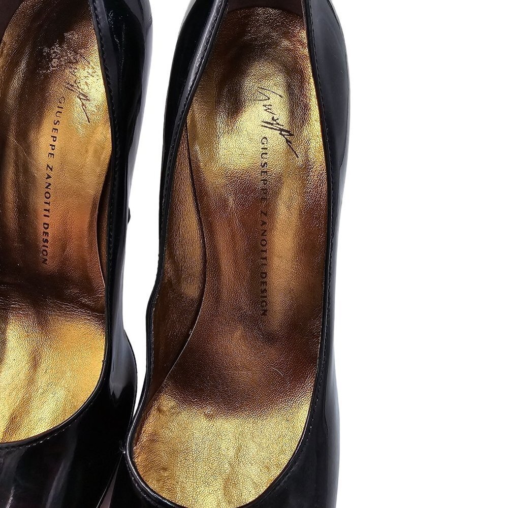 Guiseppe Zanotti Black Heels 7 Patent Leather Luxury Designer Gold Cone Heel 37 - Picture 12 of 16
